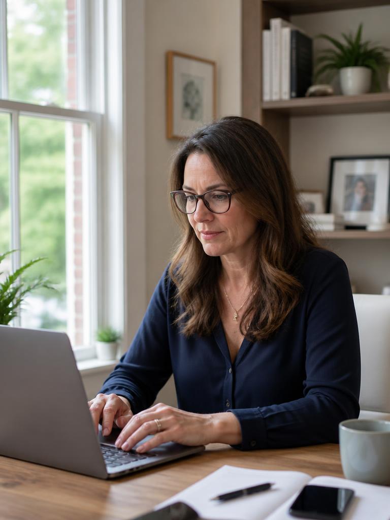 Woman focused while working at a laptop