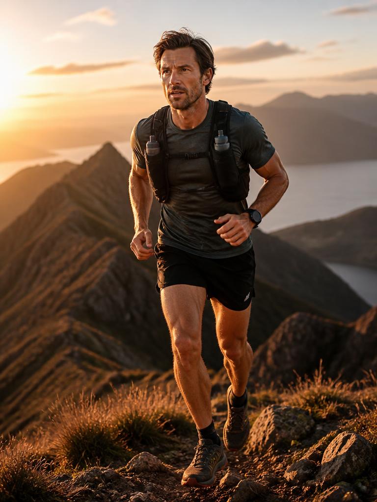 Man trail running at sunrise on a mountain ridge