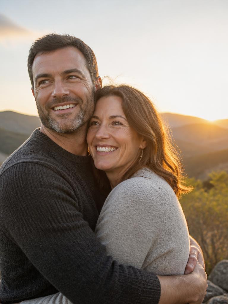 Couple embracing outdoors at sunset