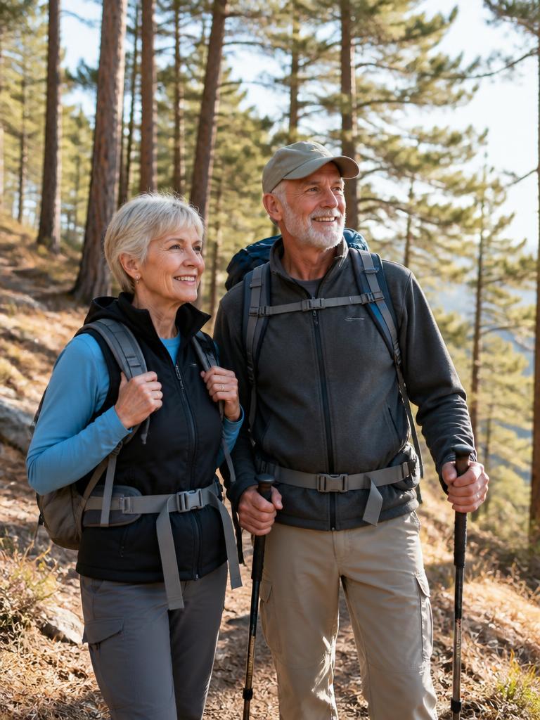 Active older couple hiking in a forest